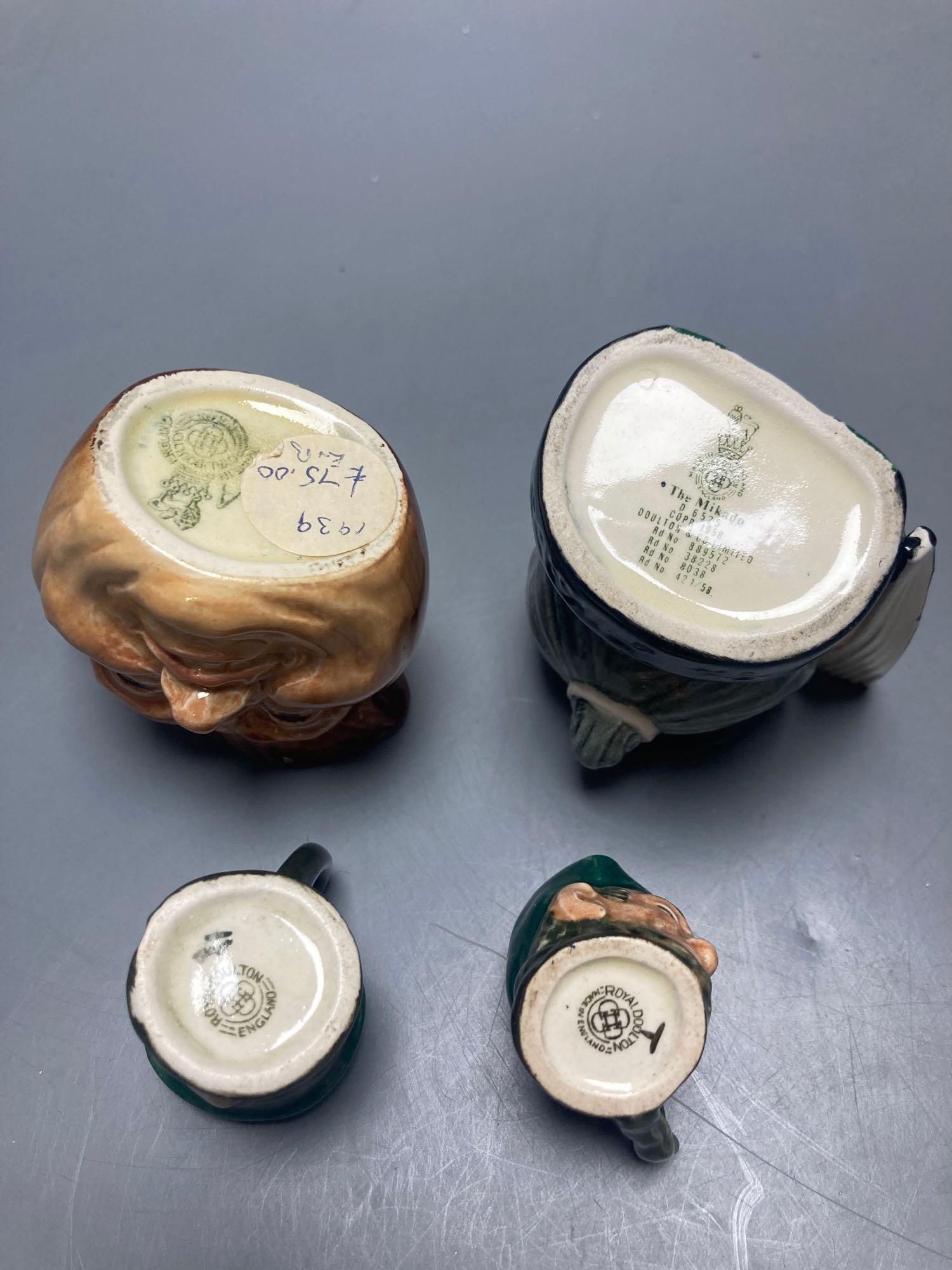 Royal Doulton John Barleycorn large and small character jugs, two Royal Doulton Pickwick and Old Mac tiny character jugs, Royal Doulton